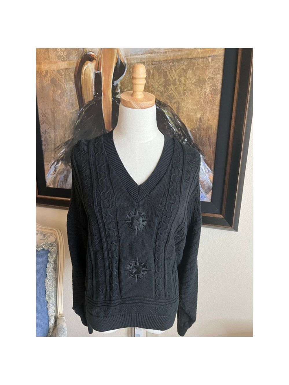 Le Coq Sportif Black Cable Knit V-Neck Sweater L